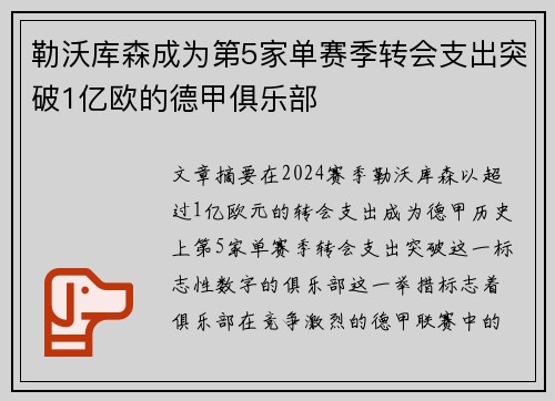 勒沃库森成为第5家单赛季转会支出突破1亿欧的德甲俱乐部