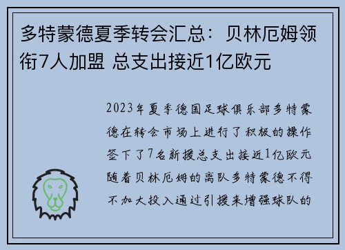 多特蒙德夏季转会汇总：贝林厄姆领衔7人加盟 总支出接近1亿欧元