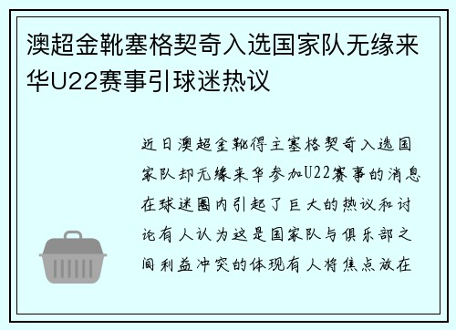 澳超金靴塞格契奇入选国家队无缘来华U22赛事引球迷热议